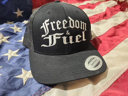 Freedom & Fuel Black Curved Bill Trucker Hat - White Stitching