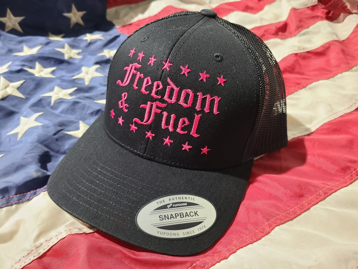 Freedom & Fuel Stars Black Curved Bill Trucker Hat - Pink Stitching